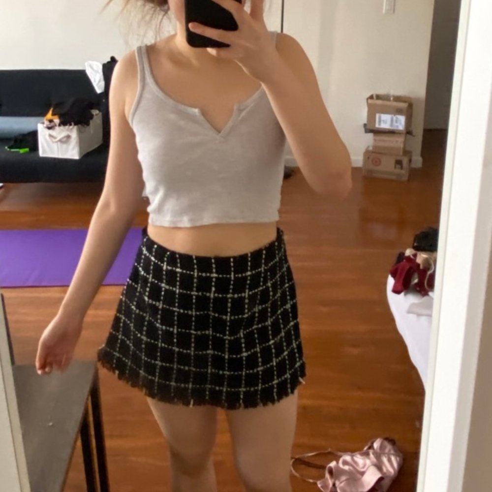 Tobi Gingham Frayed Black Knit Mini Skirt